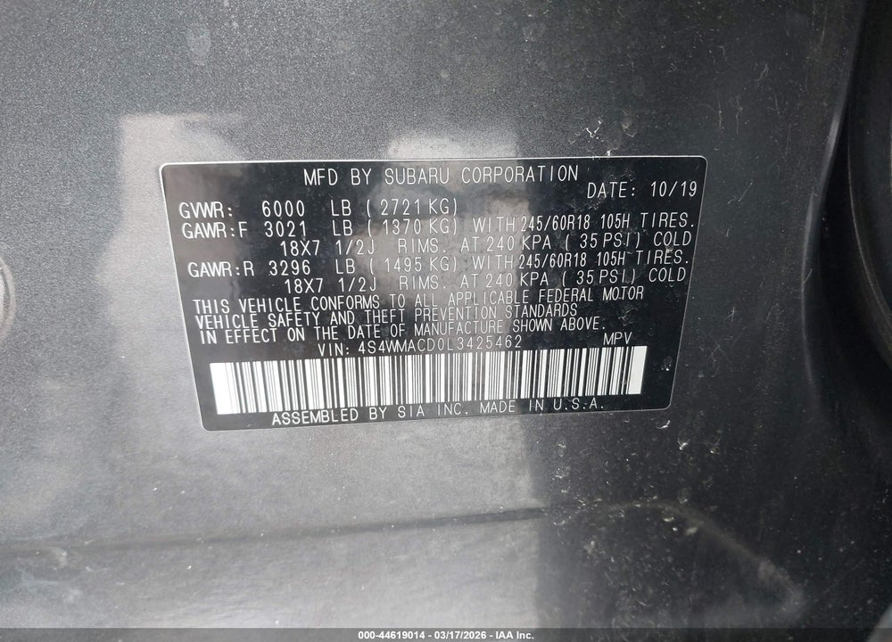 2020 SUBARU ASCENT PREMIUM VIN: 4S4WMACD0L3425462