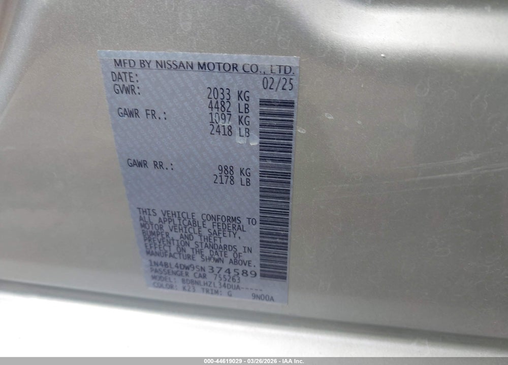 2025 NISSAN ALTIMA SV AWD VIN: 1N4BL4DW9SN374589