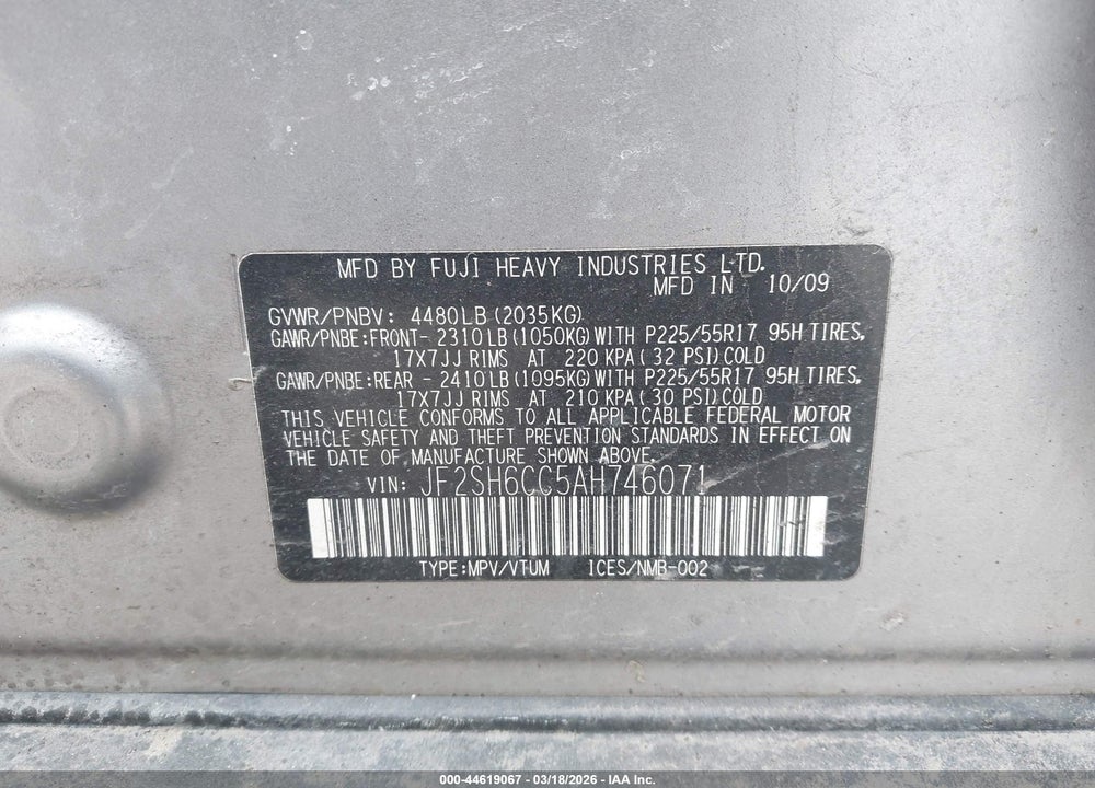 2010 SUBARU FORESTER 2.5X PREMIUM VIN: JF2SH6CC5AH746071