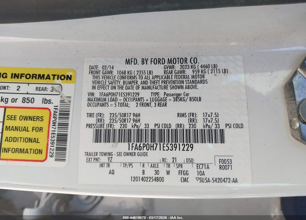 2014 FORD FUSION SE VIN: 1FA6P0H71E5391229