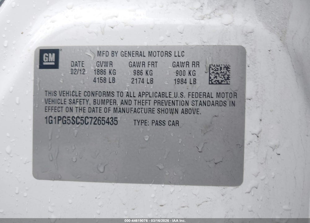 2012 CHEVROLET CRUZE 2LT VIN: 1G1PG5SC5C7265435
