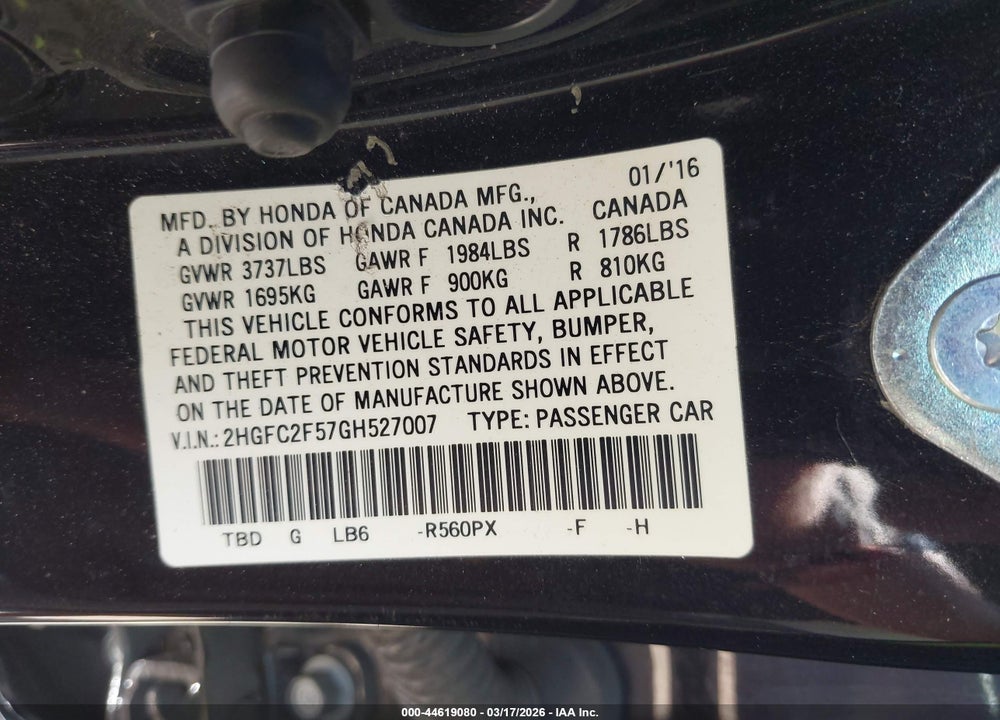 2016 HONDA CIVIC LX VIN: 2HGFC2F57GH527007