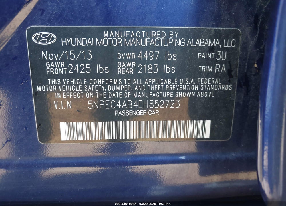 2014 HYUNDAI SONATA SE 2.0T VIN: 5NPEC4AB4EH852723