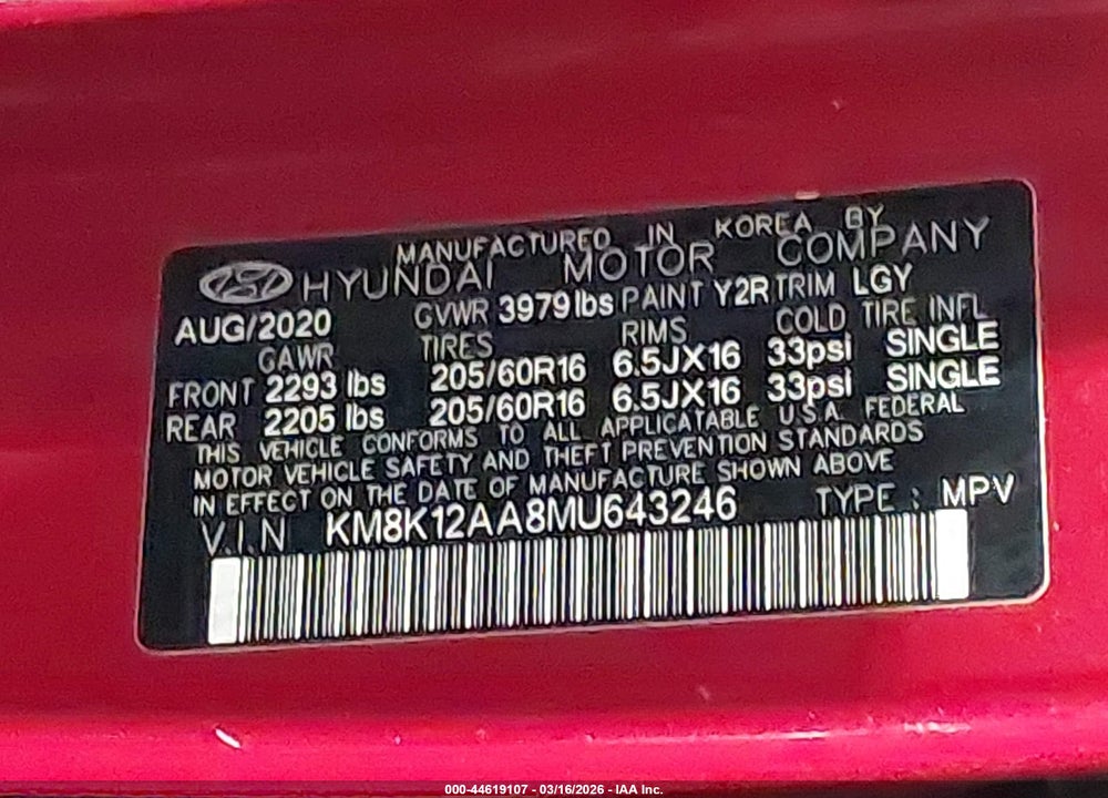 2021 HYUNDAI KONA SE VIN: KM8K12AA8MU643246