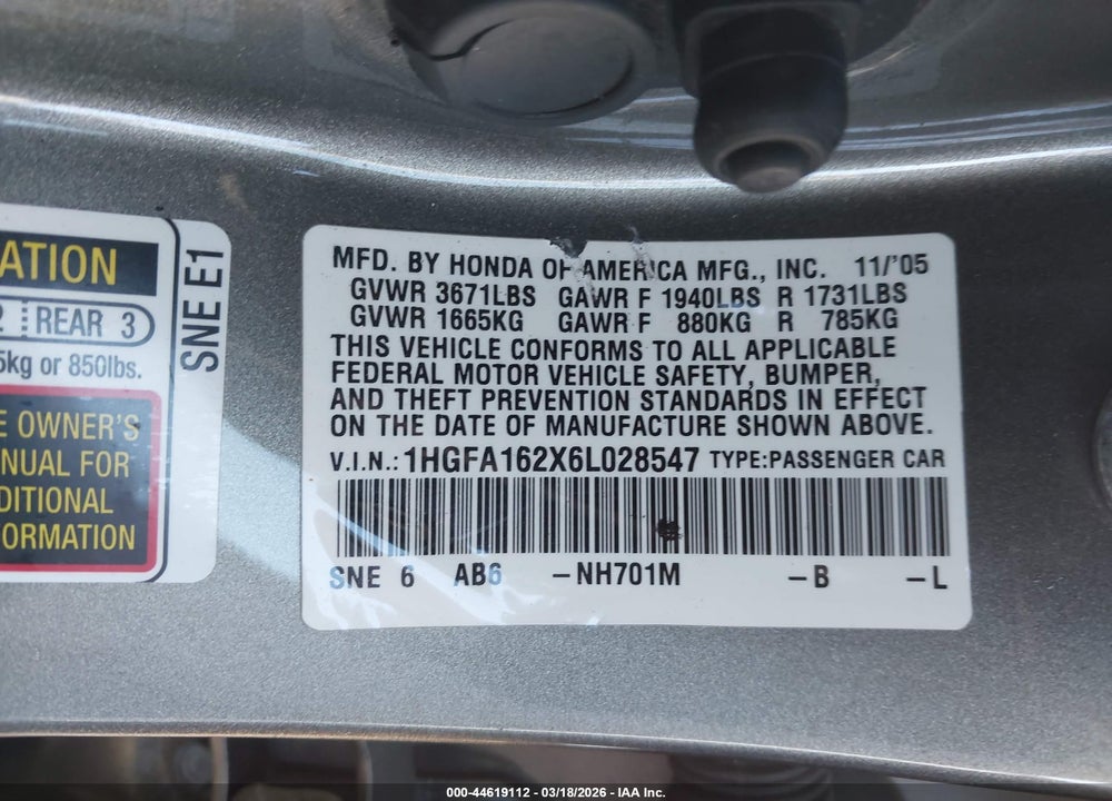 2006 HONDA CIVIC DX VIN: 1HGFA162X6L028547
