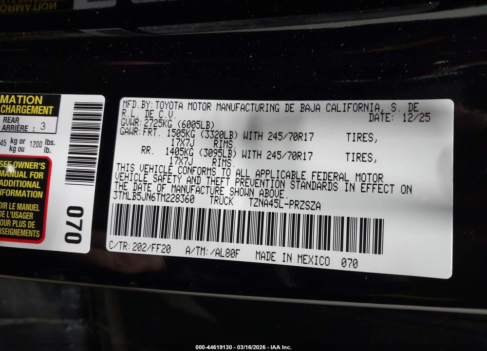 2026 TOYOTA TACOMA SR5 VIN: 3TMLB5JN6TM228360