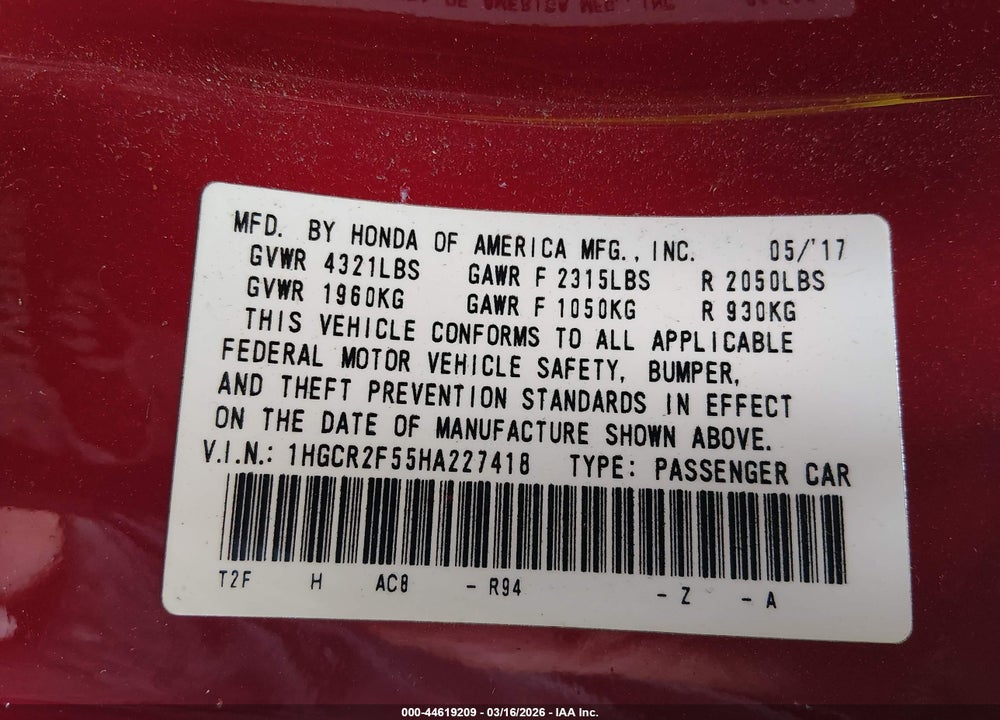 2017 HONDA ACCORD SPORT VIN: 1HGCR2F55HA227418