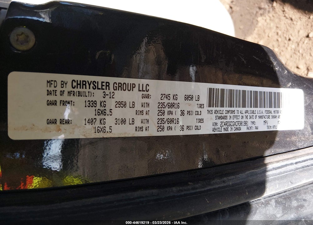 2012 DODGE GRAND CARAVAN SXT VIN: 2C4RDGCGXCR301981