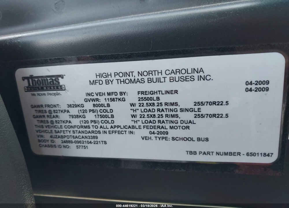 2010 FREIGHTLINER CHASSIS B2B VIN: 4UZABPDT6ACAN3389