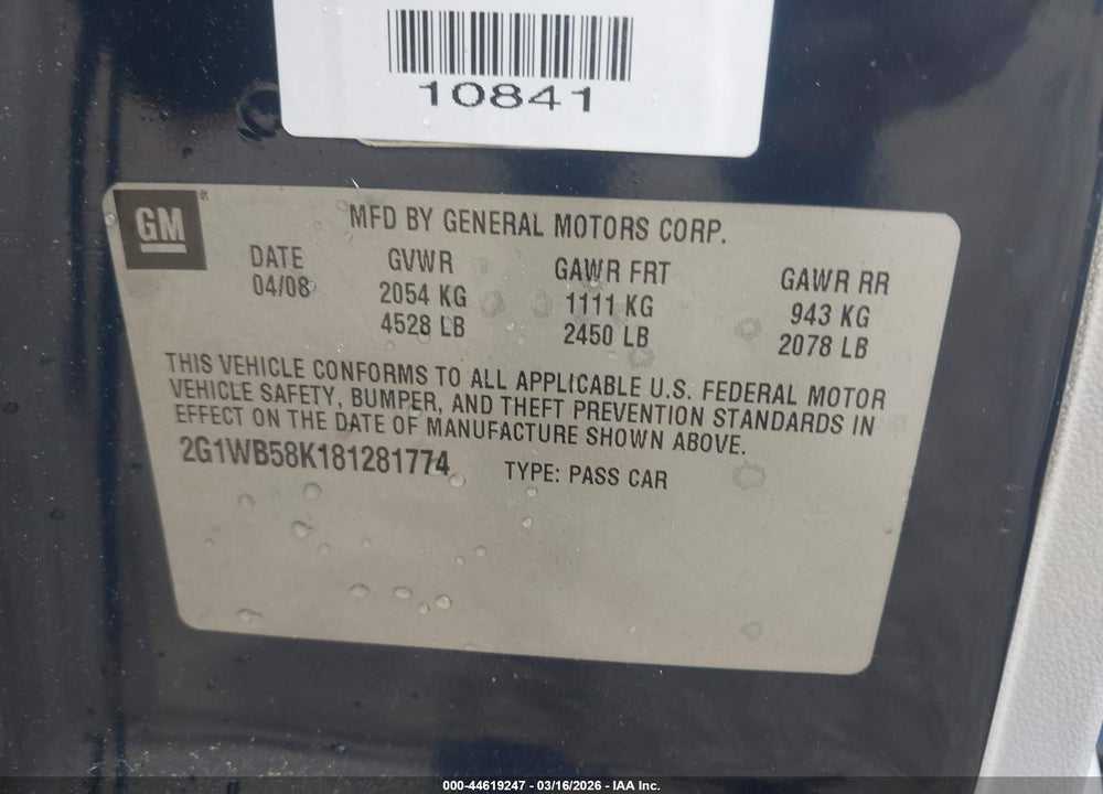 2008 CHEVROLET IMPALA LS VIN: 2G1WB58K181281774