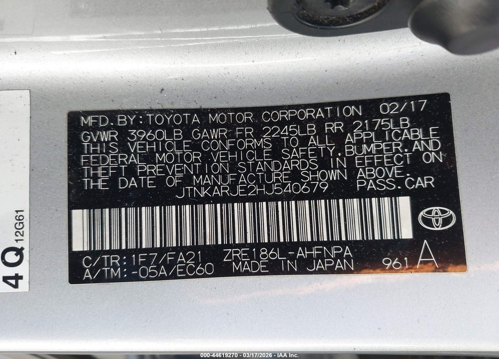 2017 TOYOTA COROLLA IM VIN: JTNKARJE2HJ540679
