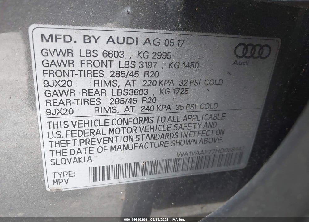 2017 AUDI Q7 3.0T PREMIUM VIN: WA1VAAF77HD058442