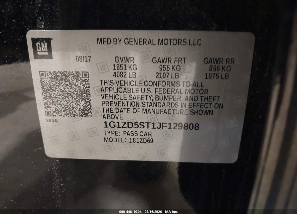 2018 CHEVROLET MALIBU LT VIN: 1G1ZD5ST1JF129808