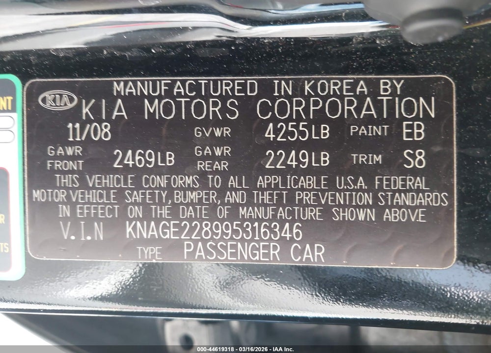 2009 KIA OPTIMA LX VIN: KNAGE228995316346