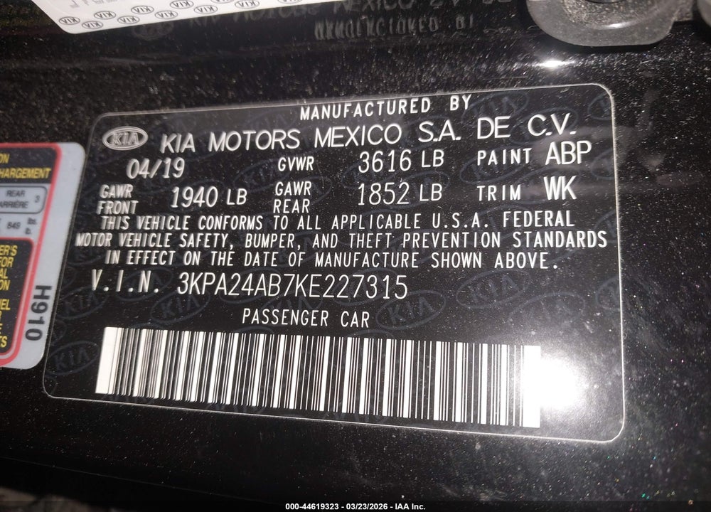 2019 KIA RIO LX VIN: 3KPA24AB7KE227315