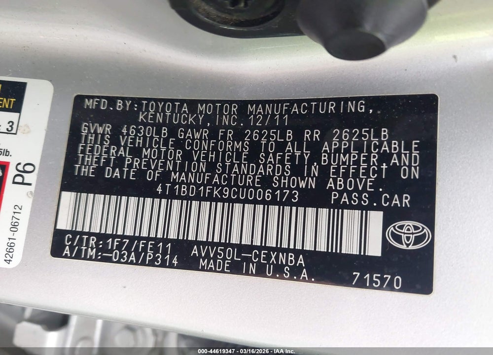 2012 TOYOTA CAMRY HYBRID LE VIN: 4T1BD1FK9CU006173