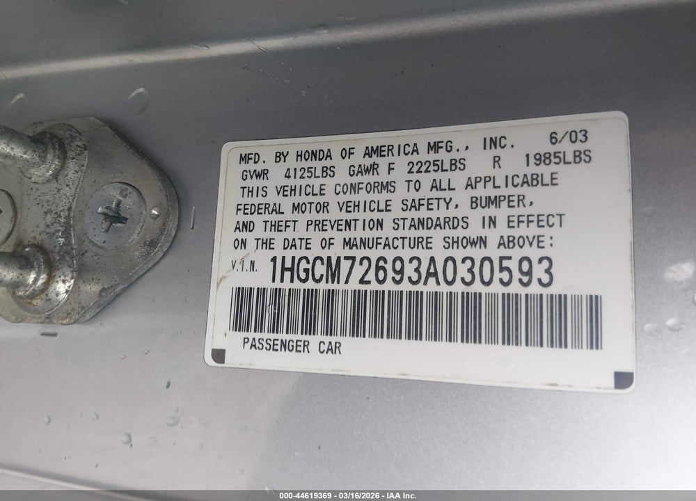 2003 HONDA ACCORD 2.4 EX VIN: 1HGCM72693A030593