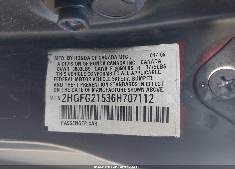 2006 HONDA CIVIC SI SI/SI (M6)/W/NAVI   ST VIN: 2HGFG21536H707112