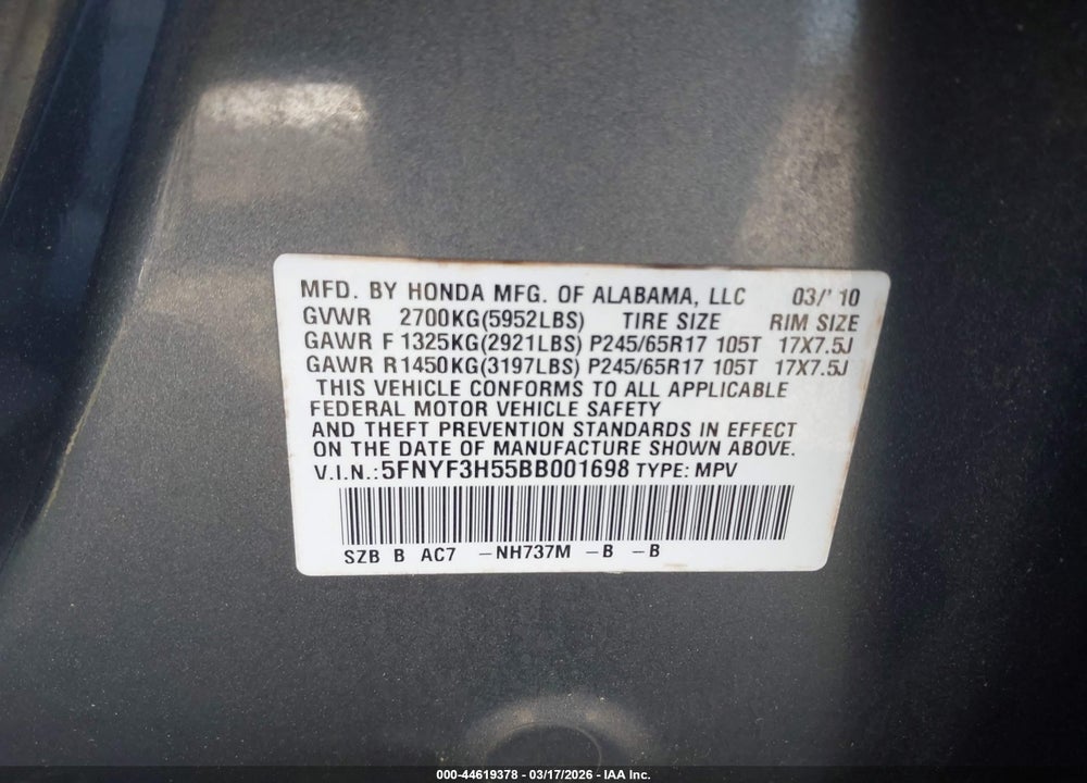 2011 HONDA PILOT EX-L VIN: 5FNYF3H55BB001698