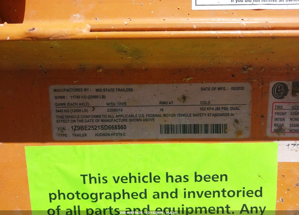 2025 TRAILER MID STATE 25' EQUIPMENT VIN: 1Z9BE2521SD668560