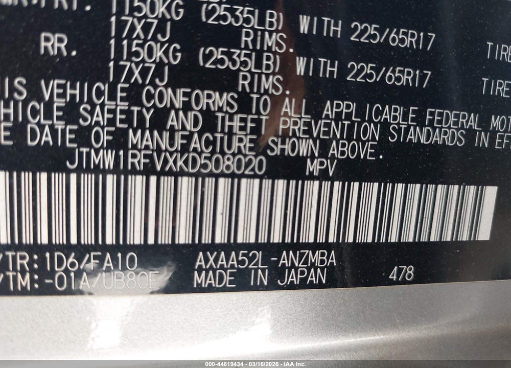 2019 TOYOTA RAV4 XLE VIN: JTMW1RFVXKD508020