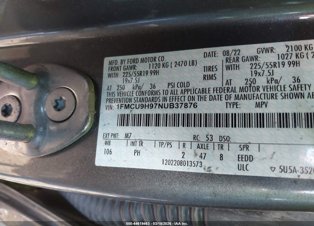 2022 FORD ESCAPE SEL VIN: 1FMCU9H97NUB37876