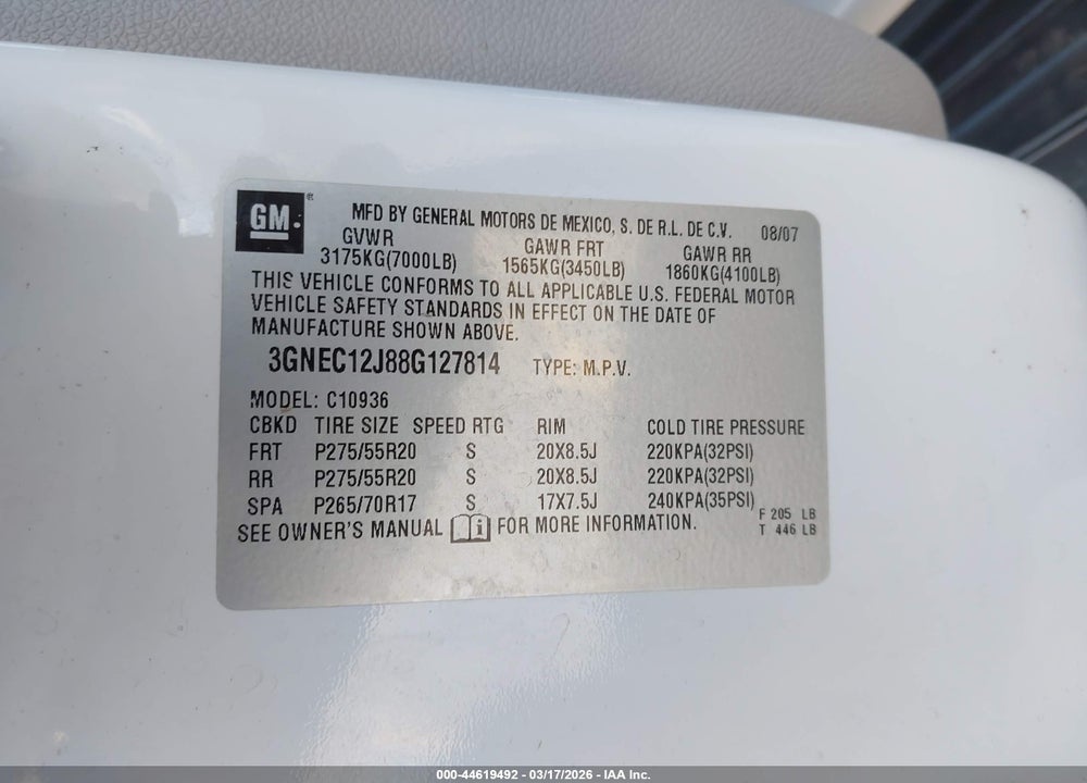 2008 CHEVROLET AVALANCHE 1500 LT VIN: 3GNEC12J88G127814
