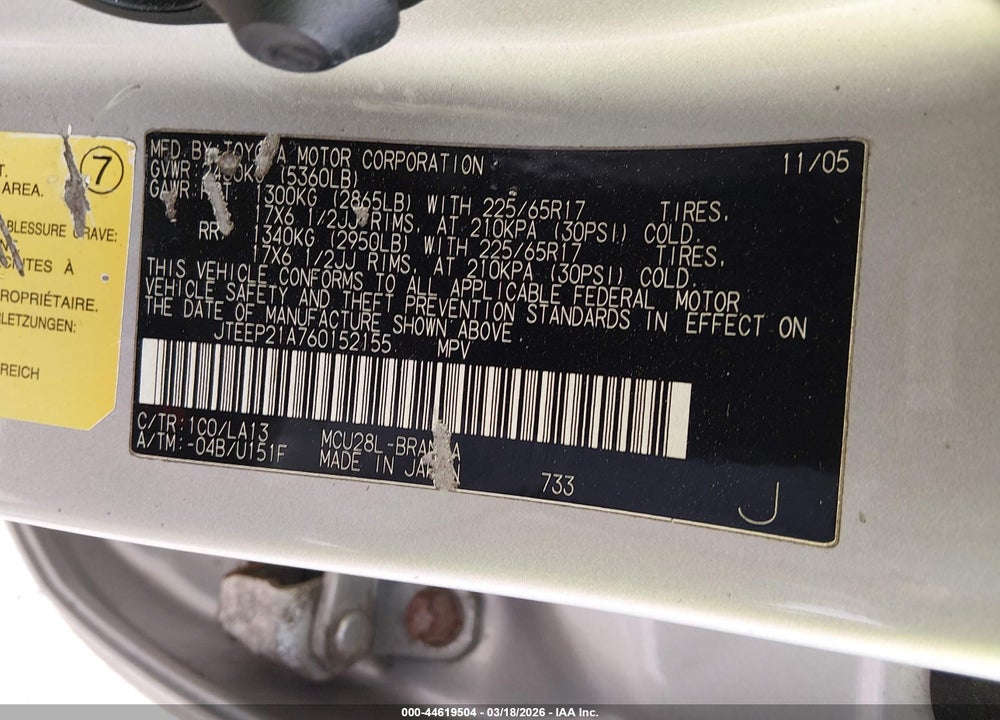 2006 TOYOTA HIGHLANDER LIMITED V6 VIN: JTEEP21A760152155