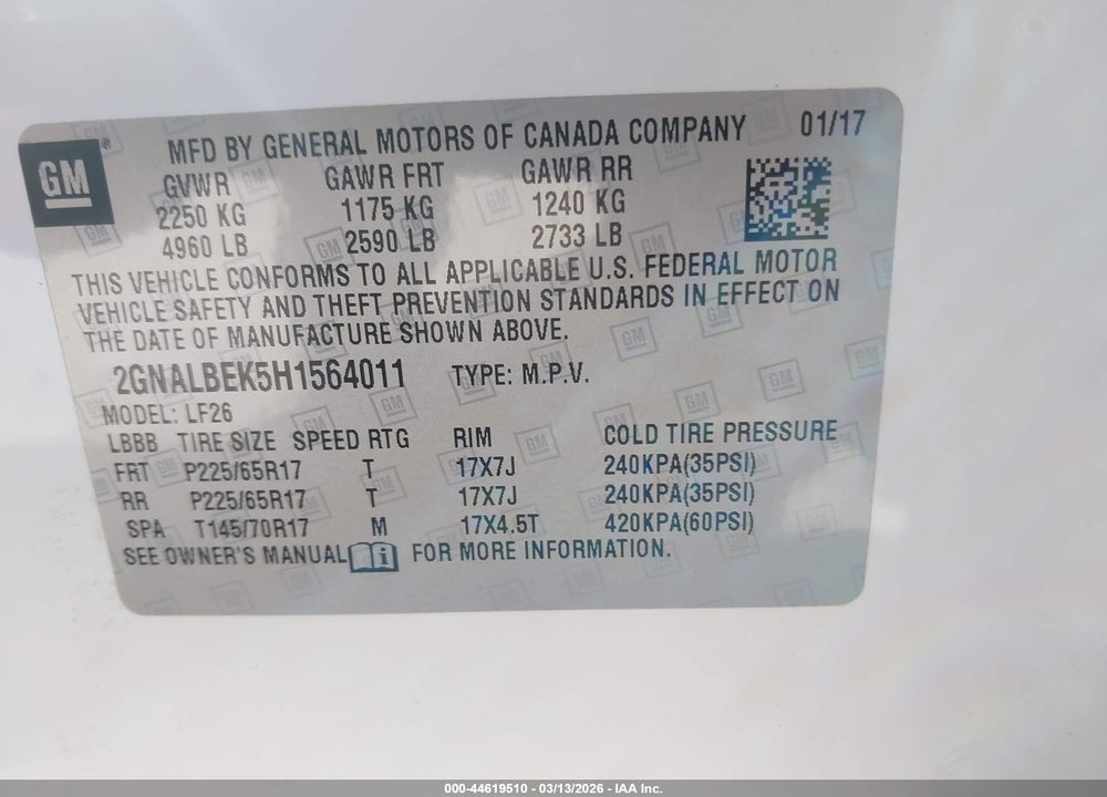 2017 CHEVROLET EQUINOX LS VIN: 2GNALBEK5H1564011