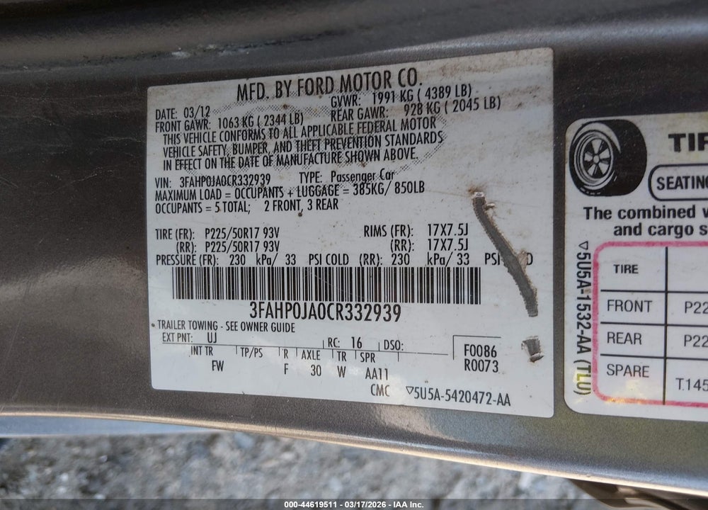 2012 FORD FUSION SEL VIN: 3FAHP0JA0CR332939