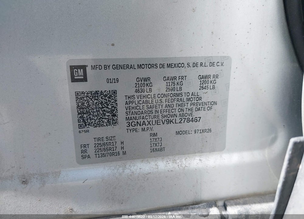 2019 CHEVROLET EQUINOX LT VIN: 3GNAXUEV9KL278467