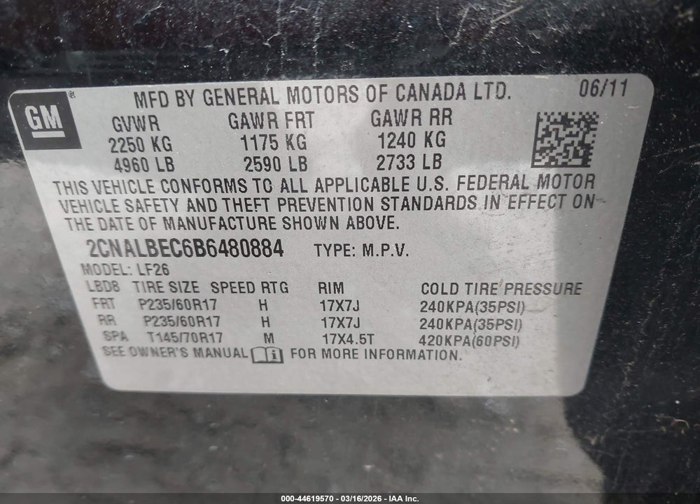 2011 CHEVROLET EQUINOX LS VIN: 2CNALBEC6B6480884