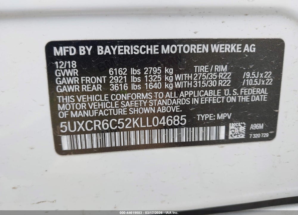 2019 BMW X5 XDRIVE40I VIN: 5UXCR6C52KLL04685