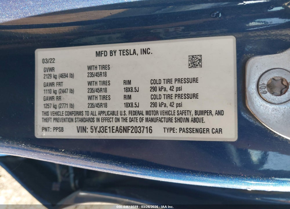 2022 TESLA MODEL 3 REAR-WHEEL DRIVE VIN: 5YJ3E1EA6NF203716