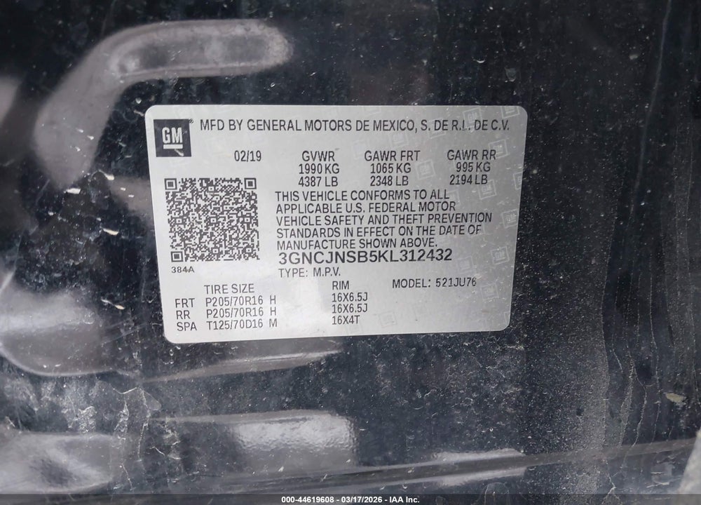 2019 CHEVROLET TRAX LS VIN: 3GNCJNSB5KL312432