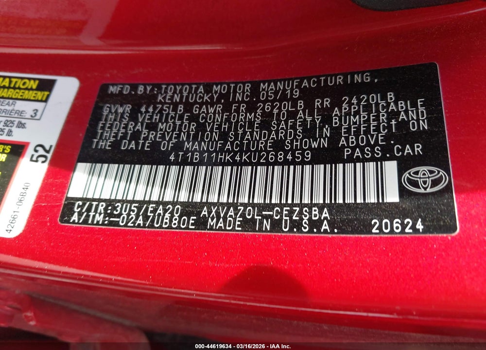 2019 TOYOTA CAMRY SE VIN: 4T1B11HK4KU268459