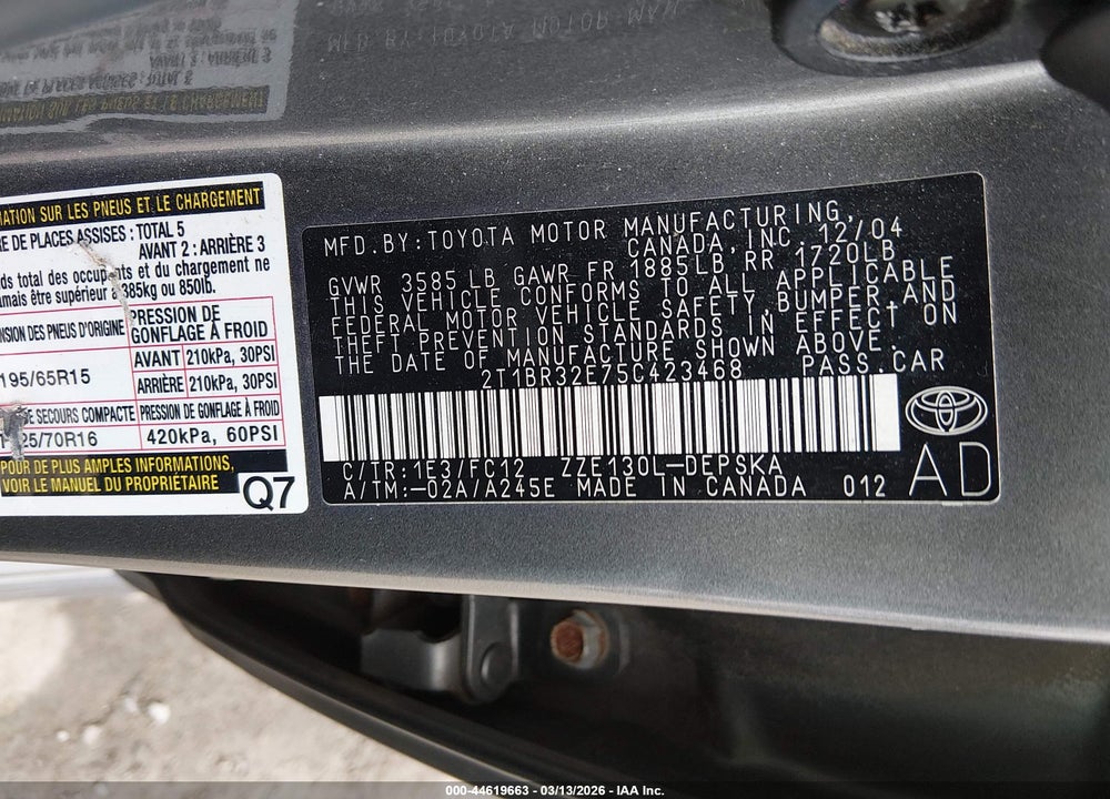 2005 TOYOTA COROLLA S VIN: 2T1BR32E75C423468