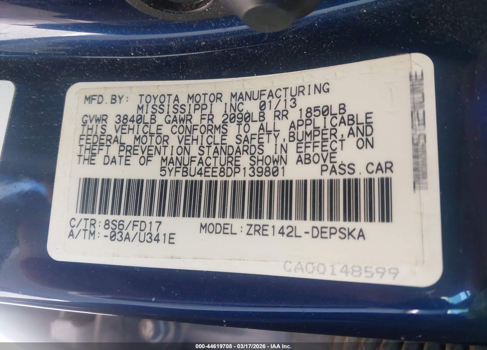 2013 TOYOTA COROLLA S VIN: 5YFBU4EE8DP139801