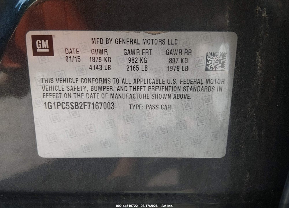 2015 CHEVROLET CRUZE 1LT AUTO VIN: 1G1PC5SB2F7167003