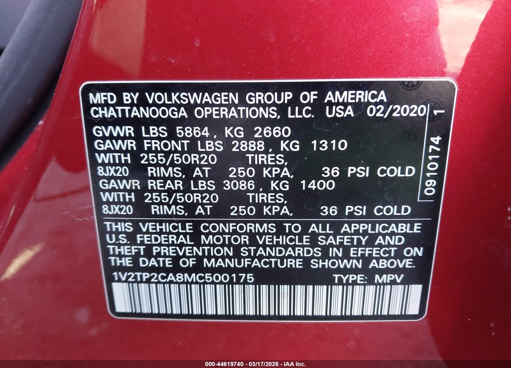 2021 VOLKSWAGEN ATLAS 2.0T SEL PREMIUM VIN: 1V2TP2CA8MC500175