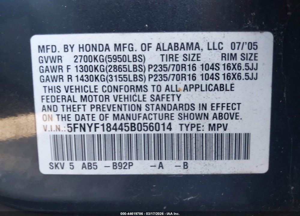 2005 HONDA PILOT EX VIN: 5FNYF18445B056014