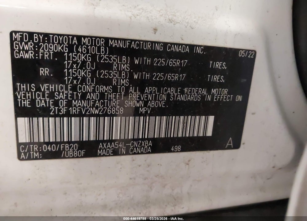2022 TOYOTA RAV4 LE VIN: 2T3F1RFV2NW276858