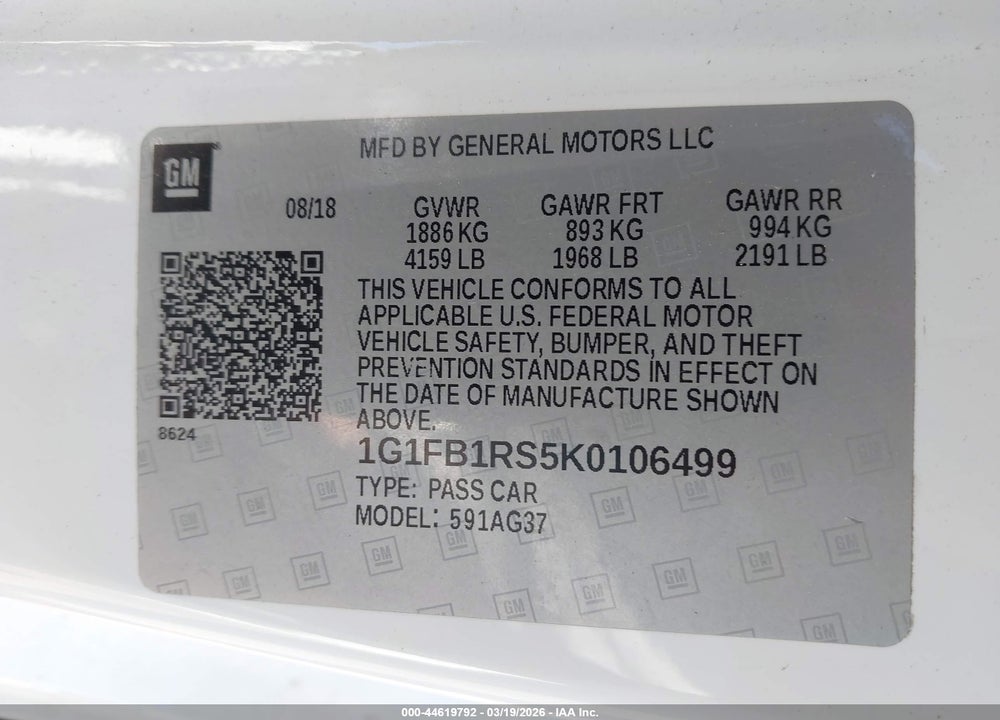 2019 CHEVROLET CAMARO 1LT VIN: 1G1FB1RS5K0106499
