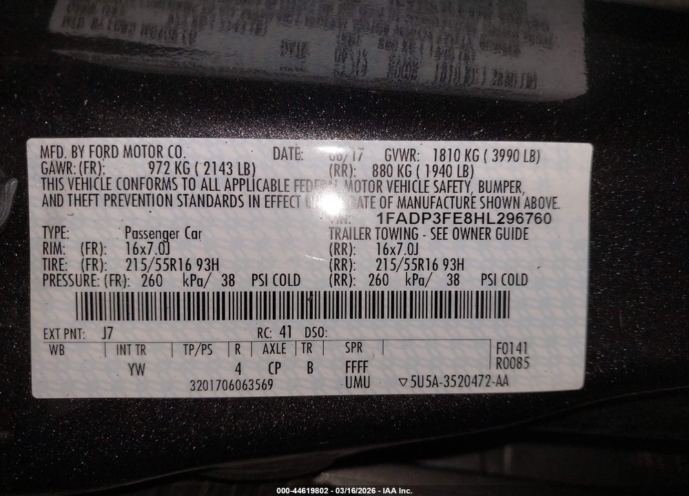 2017 FORD FOCUS SE VIN: 1FADP3FE8HL296760