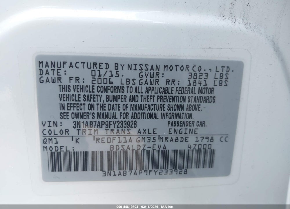 2015 NISSAN SENTRA SV VIN: 3N1AB7AP9FY233928