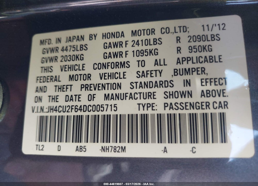 2013 ACURA TSX 2.4 VIN: JH4CU2F64DC005715