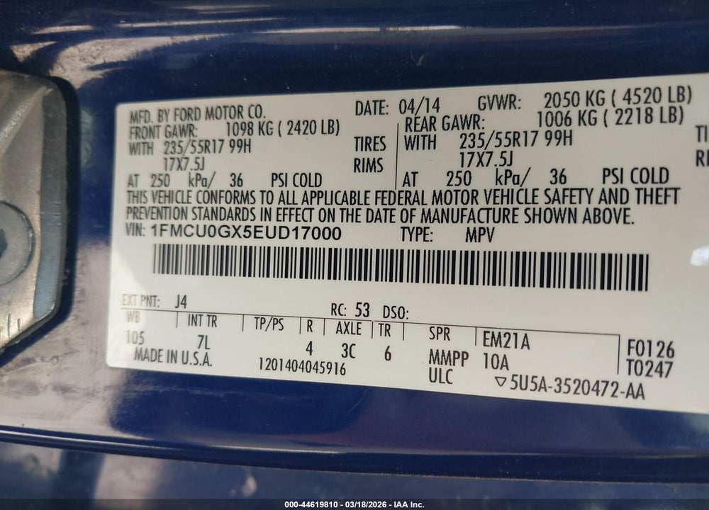2014 FORD ESCAPE SE VIN: 1FMCU0GX5EUD17000