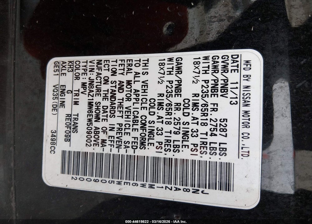 2014 NISSAN MURANO SL VIN: JN8AZ1MW6EW509002
