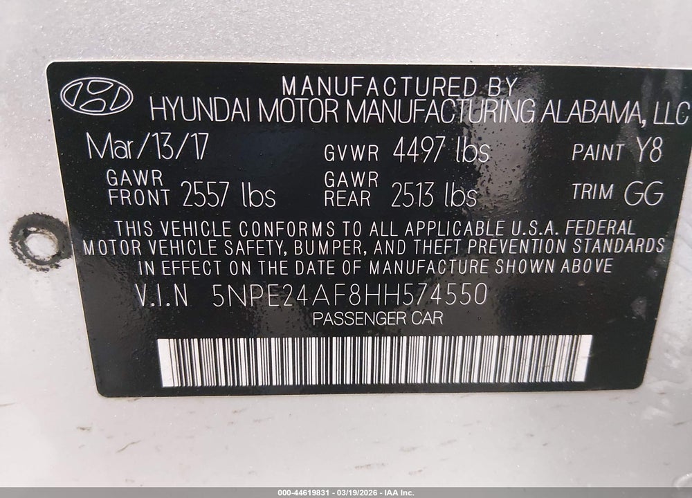 2017 HYUNDAI SONATA VIN: 5NPE24AF8HH574550