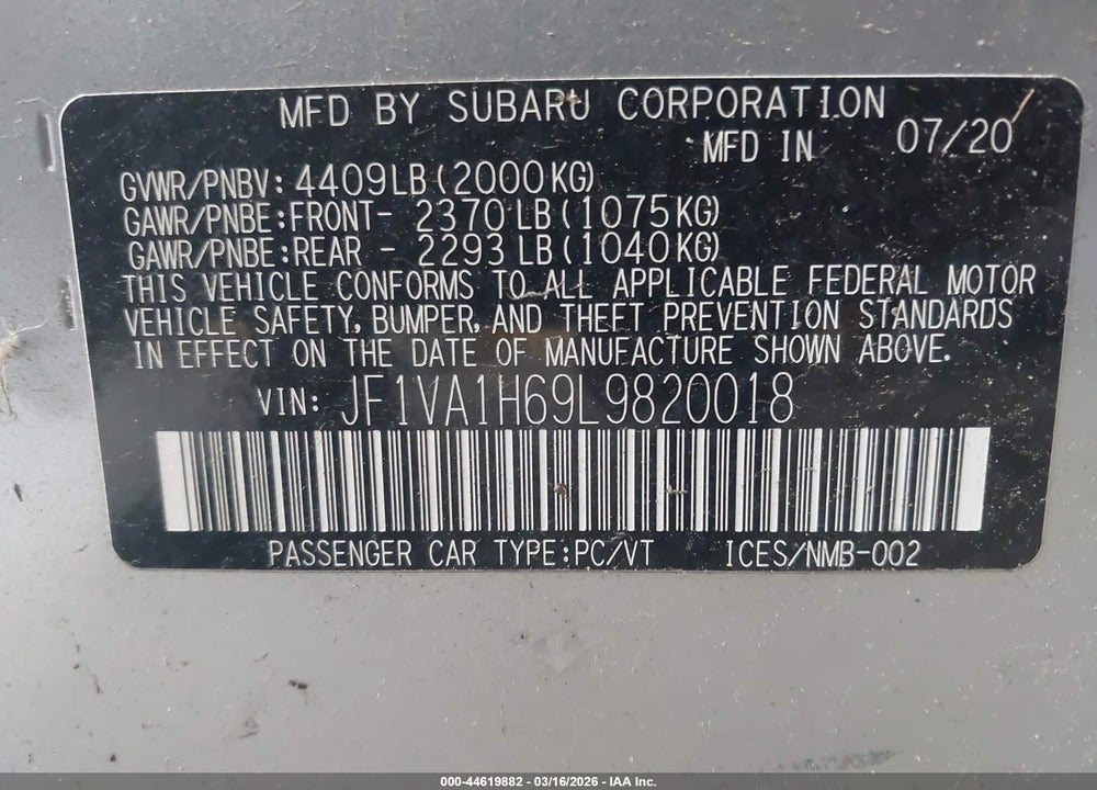 2020 SUBARU WRX LIMITED VIN: JF1VA1H69L9820018